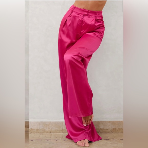 HOT PINK SATIN HIGH WAIST WIDE LEG TROUSERS - Picture 2 of 3